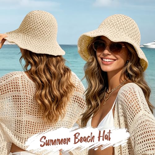 Sun Hat for Women Summer Straw Beach Hats Bucket Hat Floppy Crochet Hat - color: Beige