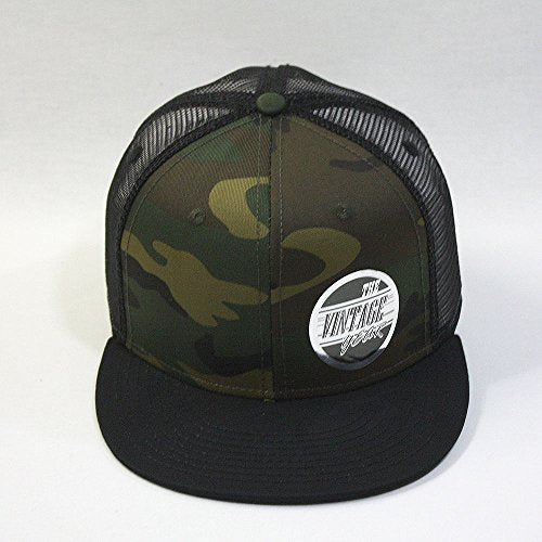 Plain Cotton Twill Flat Brim Mesh Adjustable Snapback Trucker Baseball Cap - color: Black/Camo/Black