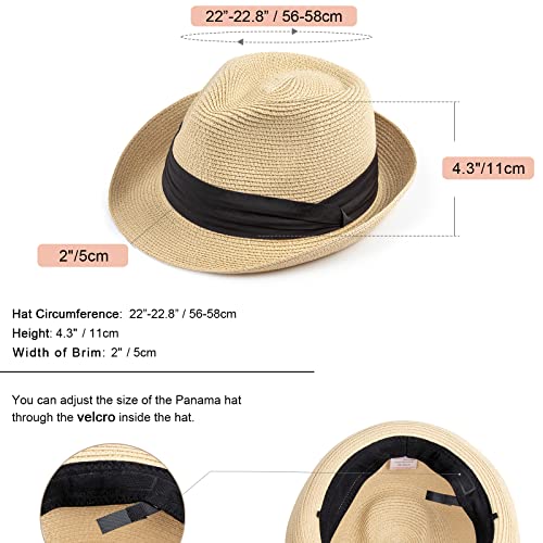 AQOKKA Summer Straw Fedora Hat for Women Men Travel Panama Hat with Wide Brim Roll Up Sun Hat for Beach Outdoor UPF 50+ - color: A Beige