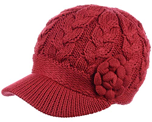BYOS Womens Winter Chic Cable Warm Fleece Lined Crochet Knit Hat W/Visor Newsboy Cabbie Cap - color: Cable W/ Flower Red