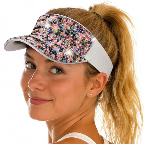 Shiny Women's Bling Rhinestone Visor Sun Protection for Tennis Golf Beach - color: Beigecolorf