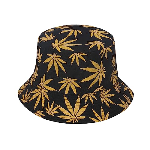 Punk Black Green Red Leaf Weed Fisherman Caps Bucket Hats Hip Hop Gorro Outdoor Men - color: Black Yellow