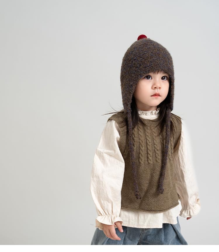 PENINSULA LOVE Toddler Kids Peruvian Beanie Hat Winter Earflap Knitted Beanie Slouchy Ski Snow Hat for Boys Girls 2-6 Years - color: Dark Brown