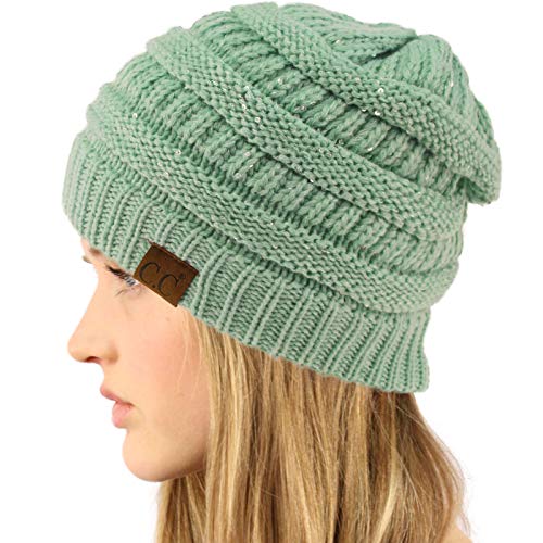 CC Classic Winter Fall Trendy Chunky Stretchy Cable Knit Beanie Hat - color: Sequins Mint