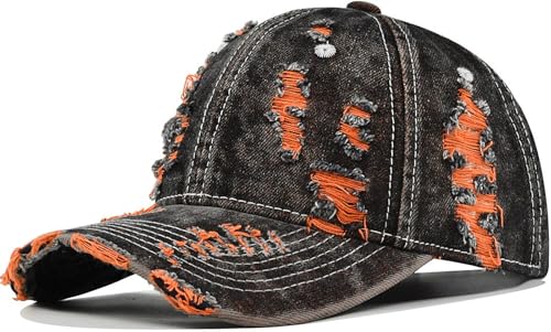 Distressed Washed Denim Baseball Cap Vintage Ripped Strapback Sun Hat for Men Women - color: Orange