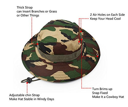 Outdoor Wide Brim Sun Protect Hat, Classic US Combat Army Style Bush Jungle Sun Cap for Fishing Hunting Camping - color: Green Camouflage