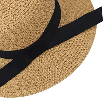Girls Wide-Brim Straw Sun-Hat for Summer Beach with Bow - color: Khaki(bow-straw Hat), size: 9-17 Years