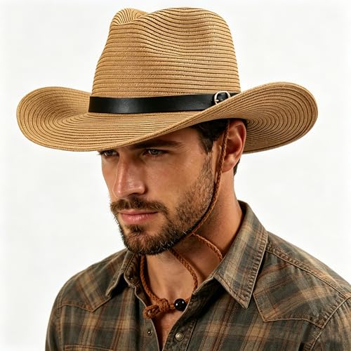 Men's Floppy Packable Straw Hat Beach Cap Newsboy Fedora Sun Hat, Big Brim, Adjustable Chin Strap - color: Khaki