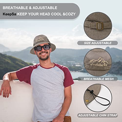 Sun Hat Men Cotton Embroidery Wide Brim Bucket Safari Boonie - color: Khaki, size: 6 7/8-7 1/4
