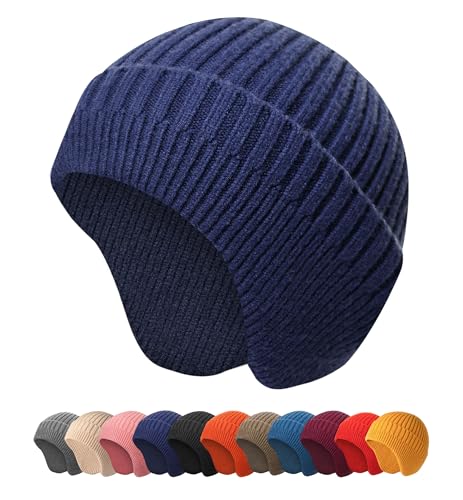 HiRui Knitted Beanie Hats Winter Hats Ear Covers for Men Women Kids Warm Slouchy - color: Navy Blue