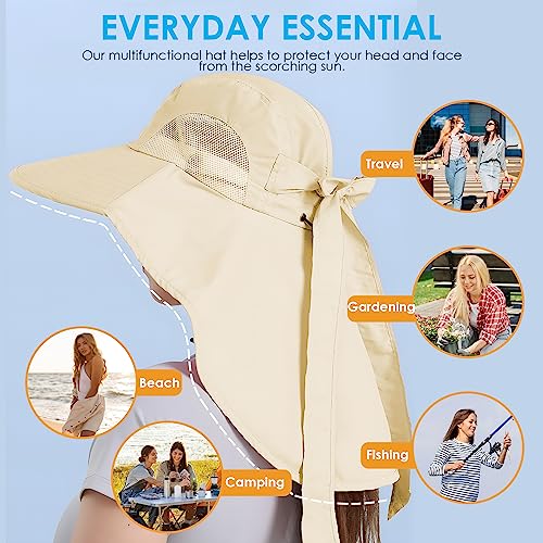 Womens Sun Hat UV Protection, Foldable Waterproof Wide Brim Bucket Hats with Neck Flap for Summer Beach Fishing Hiking - color: Beige