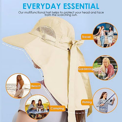 Womens Sun Hat UV Protection, Foldable Waterproof Wide Brim Bucket Hats with Neck Flap for Summer Beach Fishing Hiking - color: Beige