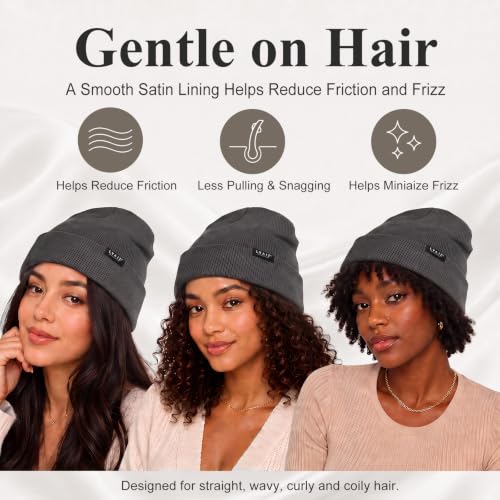 Satin Lined Winter Beanie Hats for Women Men Cotton Knitted Cuffed Knit Hat - color: Dark Grey