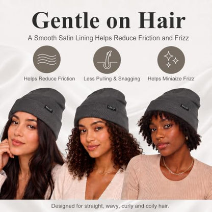 Satin Lined Winter Beanie Hats for Women Men Cotton Knitted Cuffed Knit Hat - color: Dark Grey
