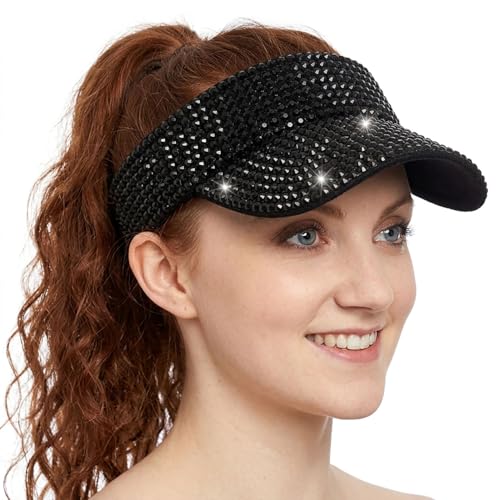 Women Shiny Rhinestone Bling Sun Visor Adjustable Tennis Beach Ponytail Hat - color: Black Hat+black Rhinestone