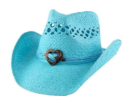 Women's Straw Cowboy Hat with Shapeable Brim, Wooden Heart Accent - color: Blue