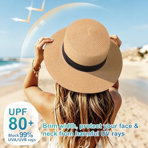DRESHOW Women Straw Panama Hat Travel Fedora Beach Sun Hat Summer Wide Brim Straw Roll up Hats UPF 50+ - color: Fedora L Khaki