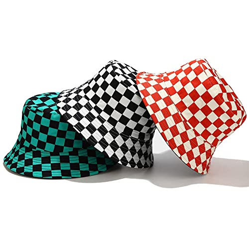 Cotton Checkered Bucket Hat Summer Fashion Fisherman Beach Sun Hats for Women and Men - color: Red
