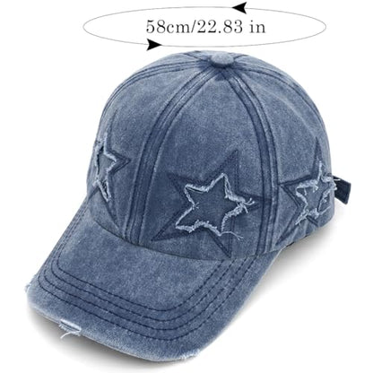 Retro Washed Distressed Baseball Cap with Five Pointed Stars for Women Men - color: Navy