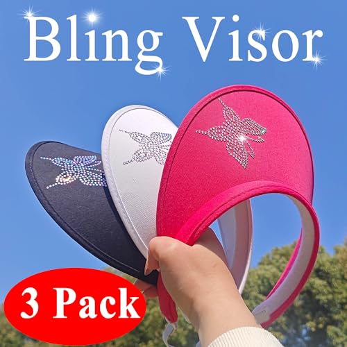3 Pack Sun Visor Hat Women Shiny Rhinestones Bling Clip On Visors - color: Hd-white, Black, Rose Red