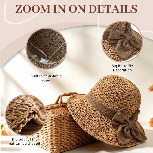 Elegant Woven Straw Sun Hat with Bow, Straw Hat with Retro Bow for Women Wide Brim Packable Travel Bucket Hats - color: Beige