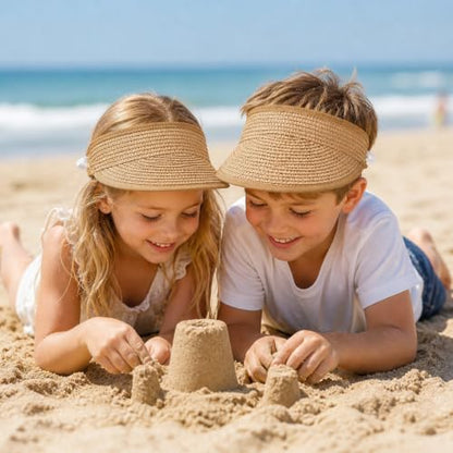 Straw Sun Visor Hat for Girls Boys Foldable Beach Hat for Kids Summer Travel Outdoor Khaki