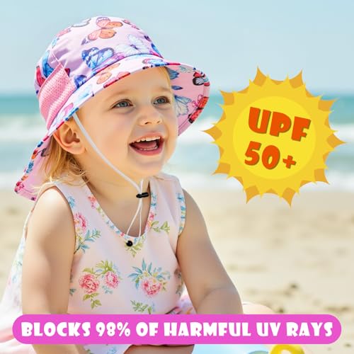 Toddler Baby Sun Hat Kids Summer Beach Essentials Adjustable Beach Hats with Bucket Wide Brim for Boys Girls Age 0-14 Years - color: 1 Pack - Butterfly, size: 6-24 Months