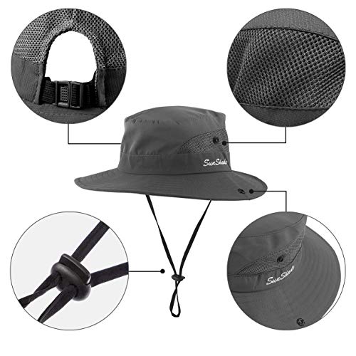 IYEBRAO 2 Pack Womens Ponytail Sun Hat UV Protection Bucket Hats Foldable Wide Brim Summer Boonie Beach Cap Fishing Hiking… - color: Black & Grey