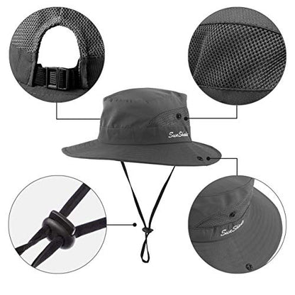 IYEBRAO 2 Pack Womens Ponytail Sun Hat UV Protection Bucket Hats Foldable Wide Brim Summer Boonie Beach Cap Fishing Hiking… - color: Black & Grey