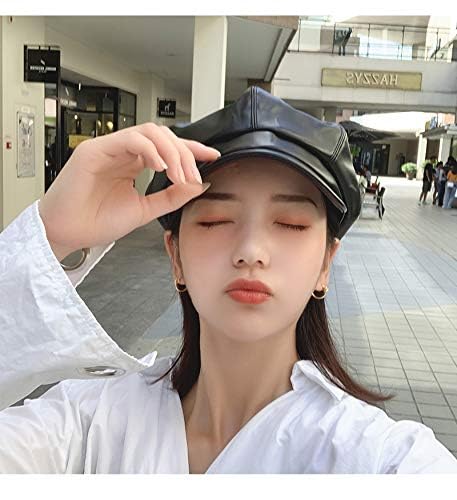 Women Newsboy Hats,8 Panel Ivy Beret PU Leather Cabbie Cap - color: Black