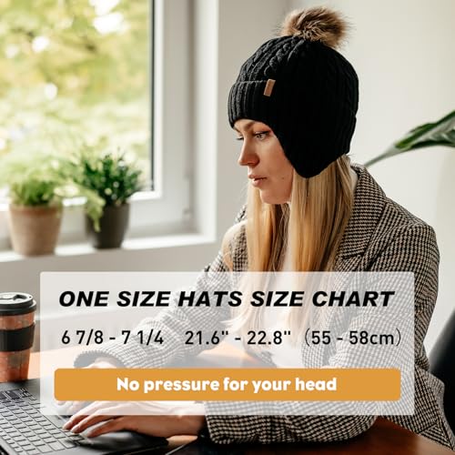 Comhats Wool Beanie with Ear Flaps and Removable Pompom, Winter Warm Hat - color: 95566a_black