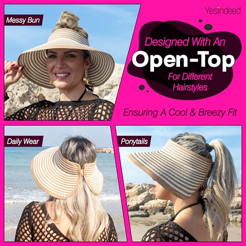Women’s Sun Visor - UPF 50+ Protection, Wide Brim, Adjustable, Ponytail-Friendly, Packable - Ideal for Travel & Beach - color: Straw Stripes
