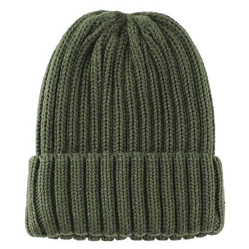 Connectyle Women's Rib Knit Cuffed Beanie Hat Stretch Acrylic Winter Hat Thick Warm Snow Ski Cap - color: Army Green