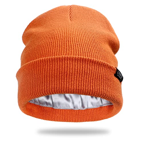Satin Lined Winter Beanie Hats for Women Men Cotton Knitted Cuffed Knit Hat - color: Orange