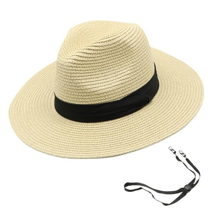 Womens Mens Wide Brim Straw Panama Hat Beach Sun Hat Summer Wide Brim Straw Roll up Hat Fisherman's UPF 50 - color: Off-white