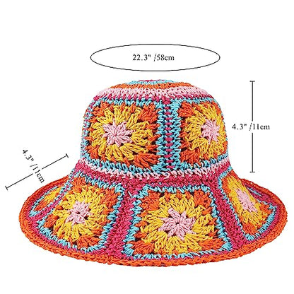 Womens Multicolor Floral Crochet Straw Sun Hat Wide Brim Summer Beach Hat - color: Rose