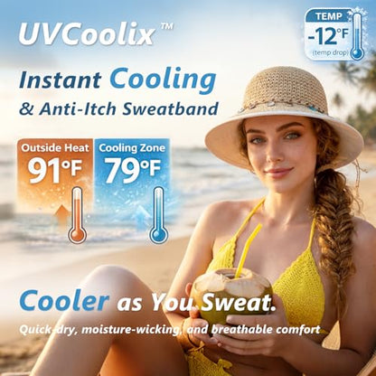 TOP-EX Summer Beach Straw Sun Hats for Women Cooling Ponytail Bucket Wide Brim Packable UV Protection Fashion Ladies M Natural