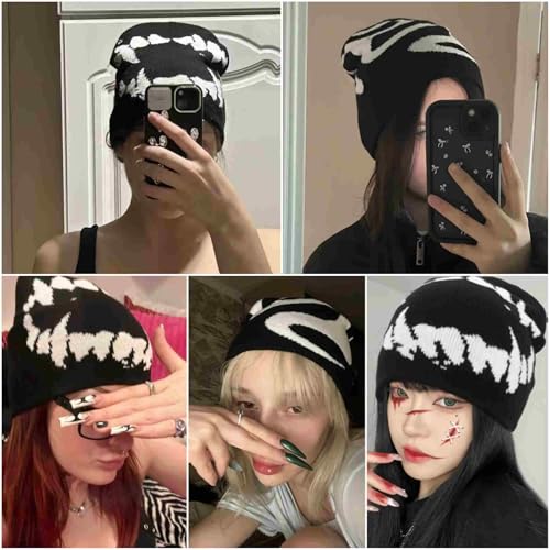 Black Graphic Beanie for Men Women, Streetwear y2k Knitted Hat, Slouchy Goth Skull Cap (2 pcs)