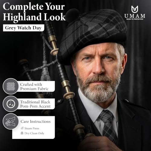 Scottish Tam O’ Shanter Hat Tartan Bonnet Pom Pom Wool Flat Cap One Size - color: Grey Watch Day 010tcp
