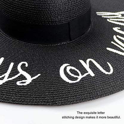 DRESHOW Big Straw Sun Hats for Women Floppy Foldable Roll up Beach Cap Sun Hat UPF 50+ Vacation Honeymoon Embroidered Hat - color: Ae Always on Vacay: Black