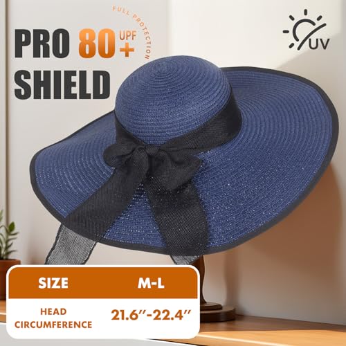 Barelove Sun Straw Hat Wide Brim Shape Hat with UPF 80+, Packable Foldable Floppy Summer Beach Hat for Women Men - color: Navy Blue - Wide Wrap