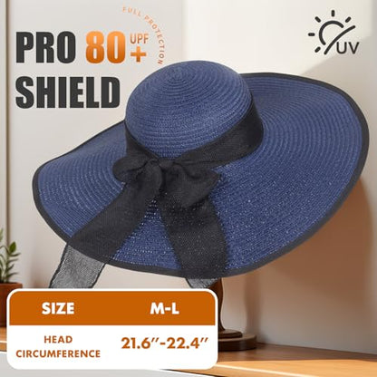 Barelove Sun Straw Hat Wide Brim Shape Hat with UPF 80+, Packable Foldable Floppy Summer Beach Hat for Women Men - color: Navy Blue - Wide Wrap