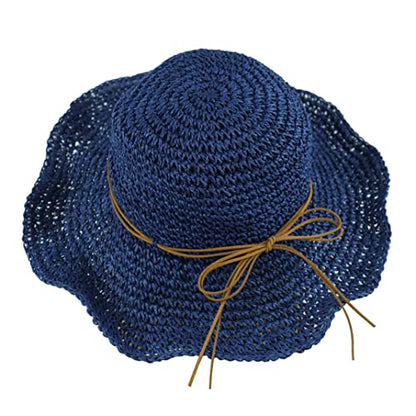 Women Sun Hat Wide Brim Floppy Beach Hat Breathable UV UPF 50+ Straw Hat Foldable Packable Summer Outdoor Cap - color: Navy Blue