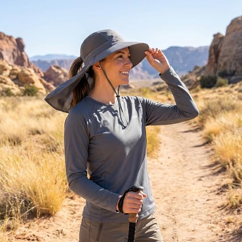 UV Sun Protection Hat Women Foldable Neck Flap Wide Brim Fishing Hat with Ponytail Hole for Women - color: Dark-gray