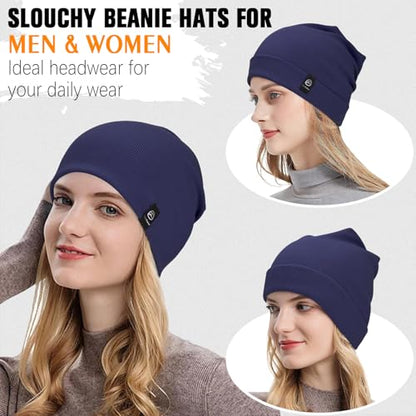 YANIKY Slouchy Beanie for Women, Mens Soft Cotton Beanie Hat, Double Layer Windproof Skull Cap for All Seasons - color: Navy Blue