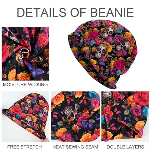 Slouchy Beanie Hat Skull Cap Chemo Headwear Baggy Hats for Men Women Running Cycling - color: Mexican Skull Flowers