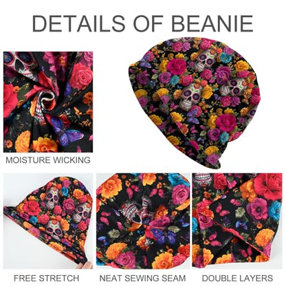 Slouchy Beanie Hat Skull Cap Chemo Headwear Baggy Hats for Men Women Running Cycling - color: Mexican Skull Flowers