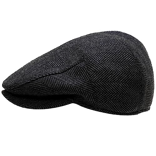 Men's Newsboy Hat with Earflaps Flat Ivy Caps Irish Cabbie Cap - color: Grey Herringbone
