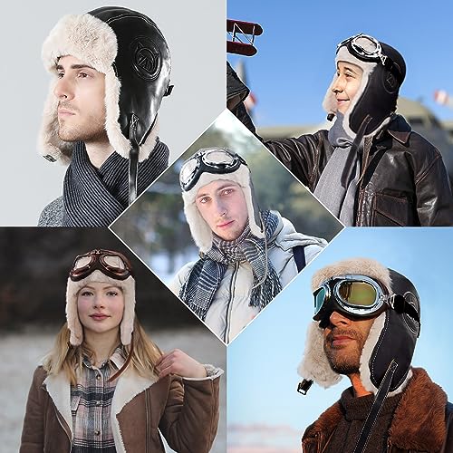 Peicees Aviator Hat With Goggles For Adult Pilot Cap Vintage Goggles Costume With Fur Ear Flaps Winter Trapper Hat Warm