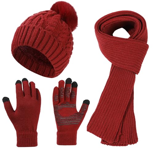 HUAMULAN Women Winter Knit Beanie Hat Circle Scarf Set Pompoms Ear Flaps - color: Wine Red With Scarf and Gloves